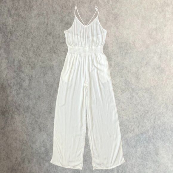 prAna Womens Swim Cover Up Size M White Wide Leg Jumpsuit Gauze Beach Swimwear - Picture 1 of 15